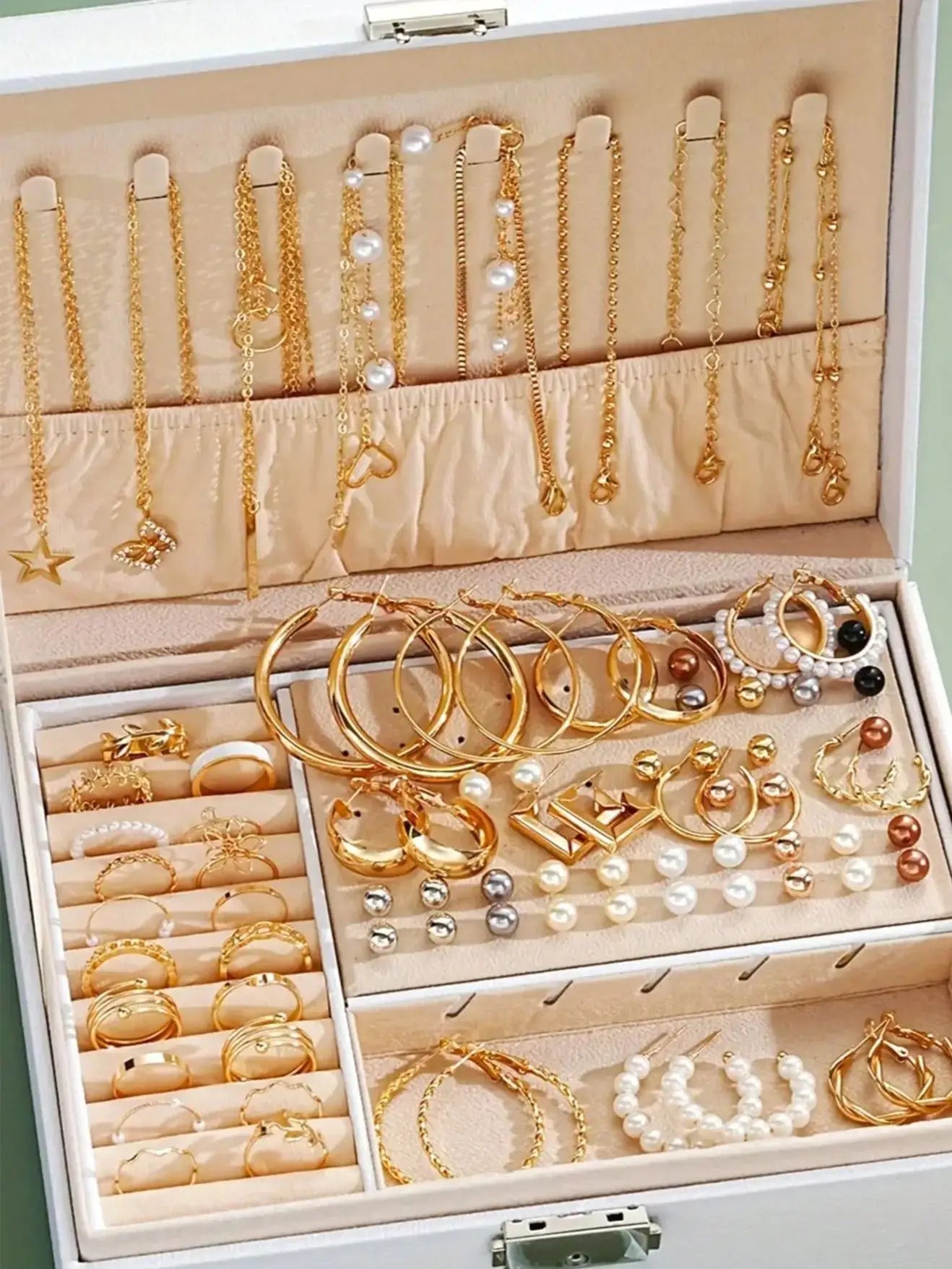 Luxury Pearl 4-in-1 Jewelry Set – Multi-Layer Necklace, Earrings & Rings for Women (No Box)