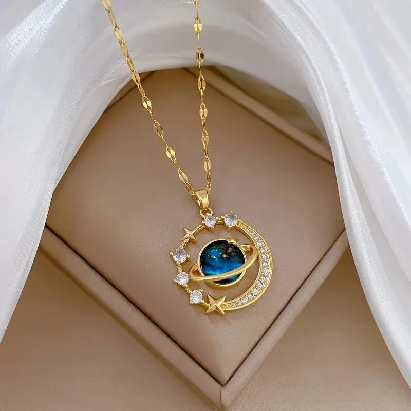 Light Luxury Star Series Necklace for Women – Gold Planet Moon Astronaut Pendant, Titanium Steel Jewelry Gift