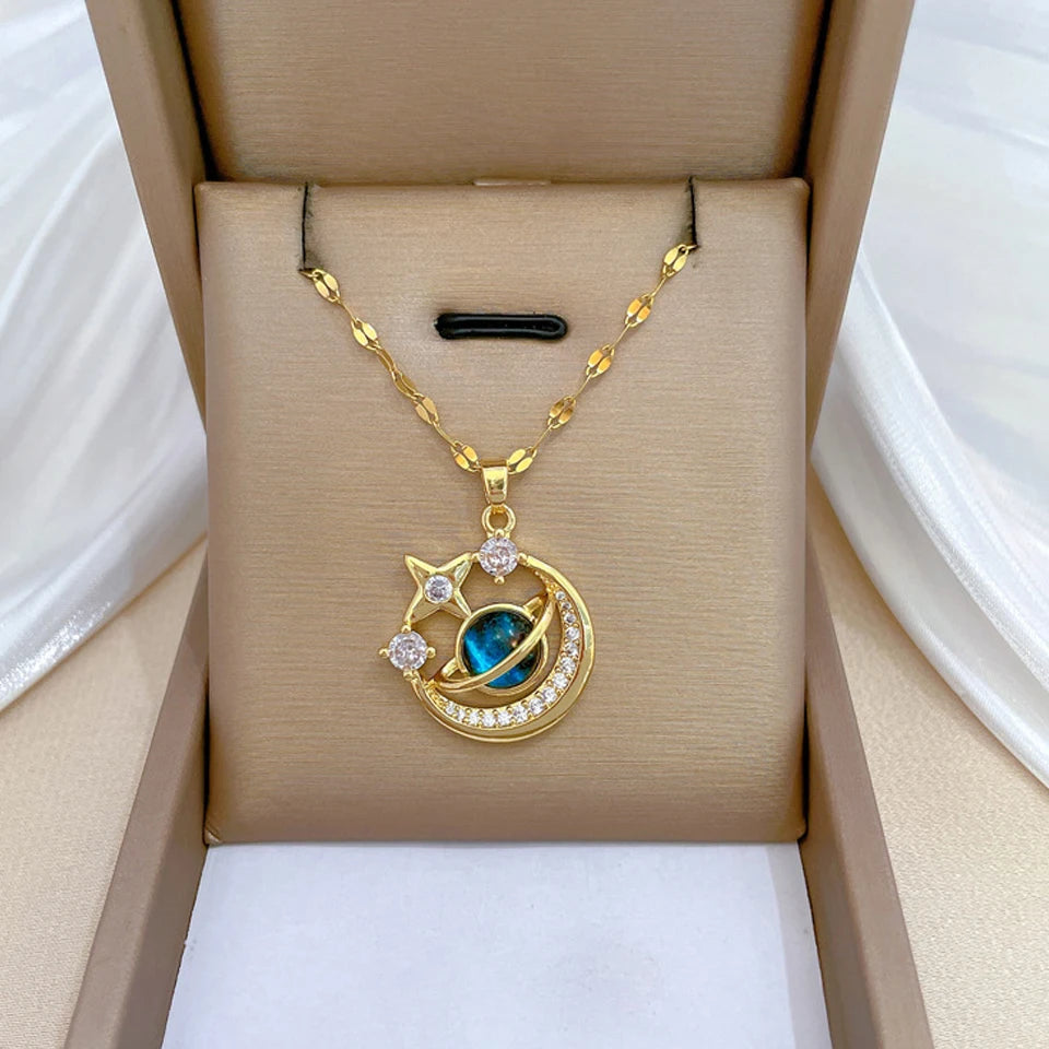 Light Luxury Star Series Necklace for Women – Gold Planet Moon Astronaut Pendant, Titanium Steel Jewelry Gift