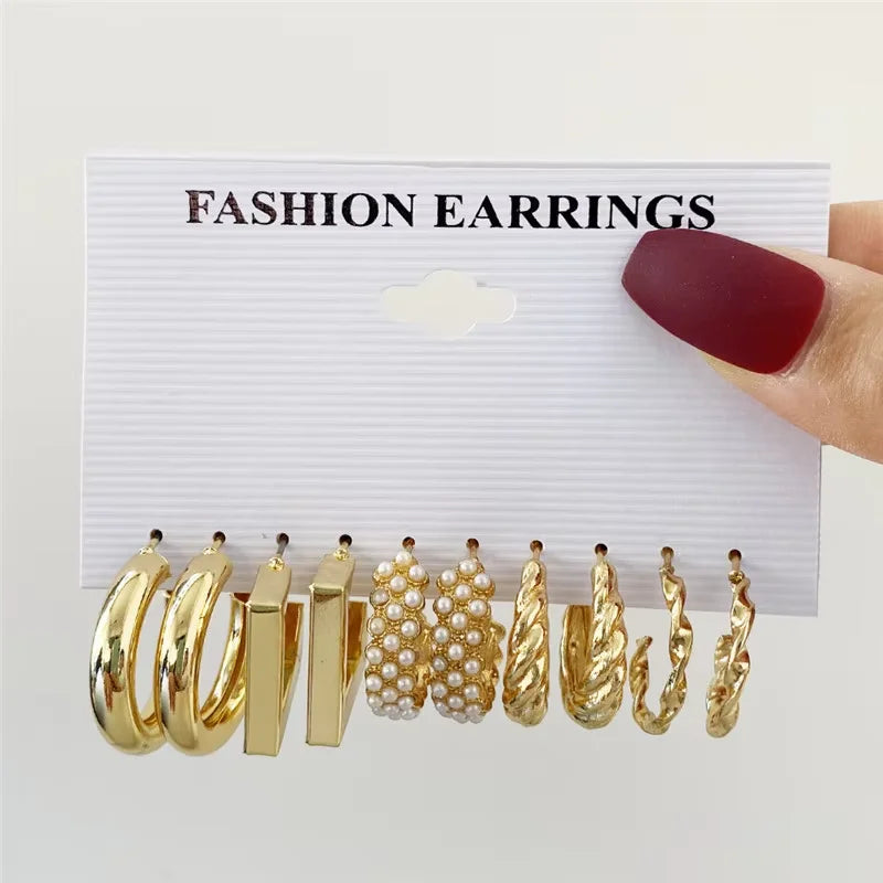 Vintage Geometric Hoop Earrings Set – Pearl Gold Boho Jewelry for Women