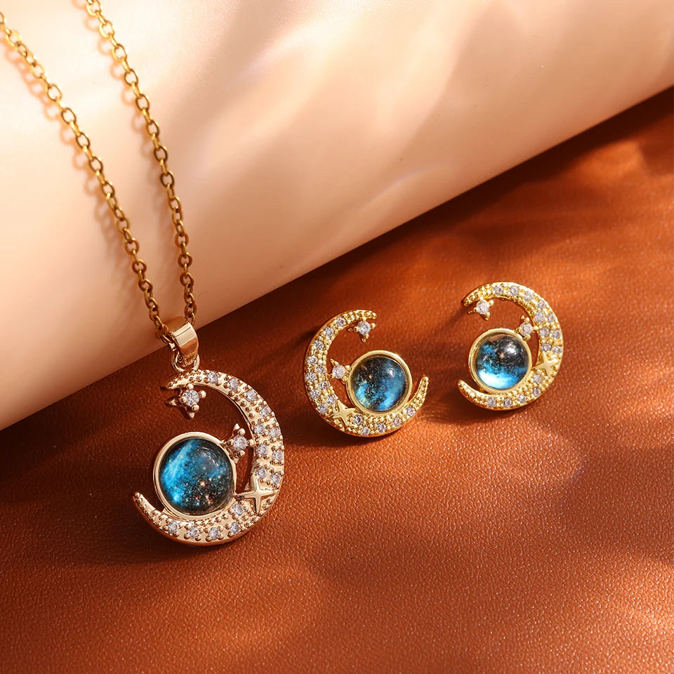 Light Luxury Star Series Necklace for Women – Gold Planet Moon Astronaut Pendant, Titanium Steel Jewelry Gift