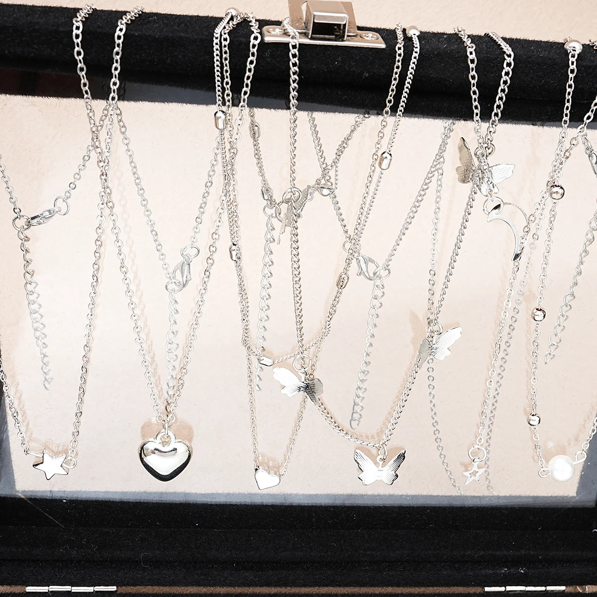 51-Piece Silver Jewelry Set – Butterfly Heart Pearl Necklace, Earrings & Rings for Women