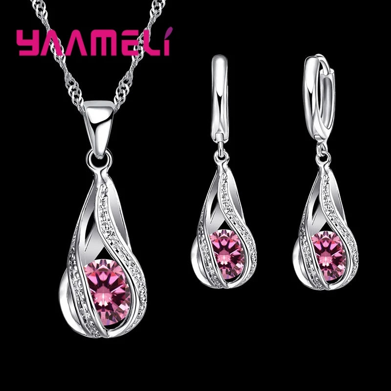 925 Silver Teardrop CZ Jewelry Set – Elegant Necklace & Hoop Earrings for Women