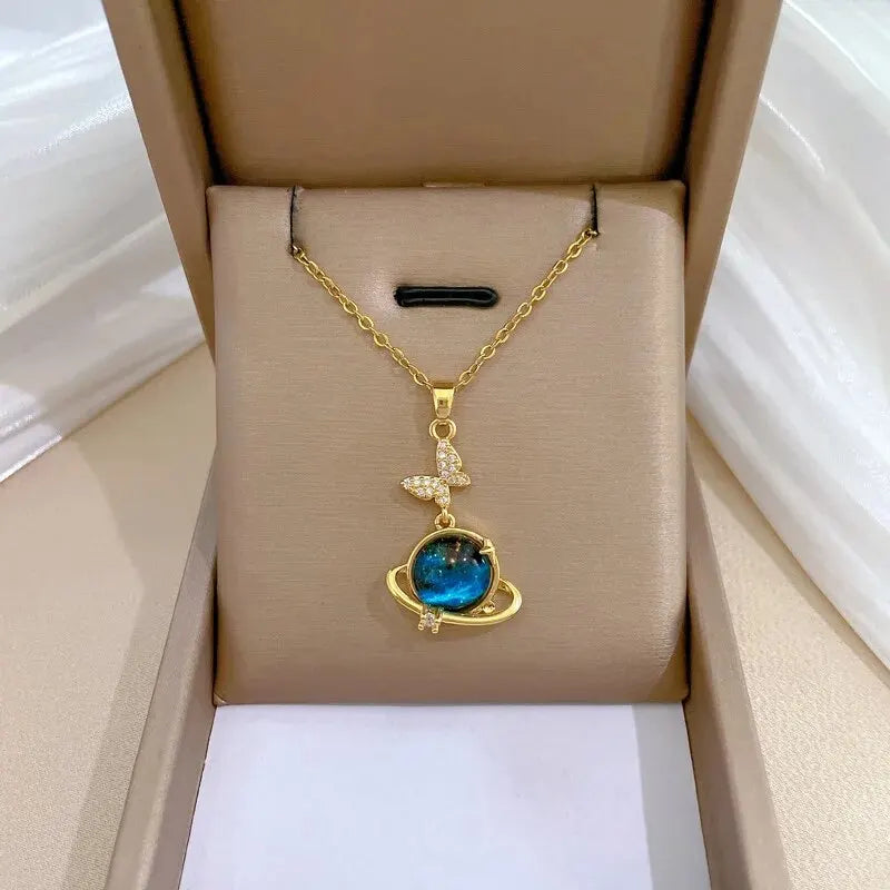Light Luxury Star Series Necklace for Women – Gold Planet Moon Astronaut Pendant, Titanium Steel Jewelry Gift