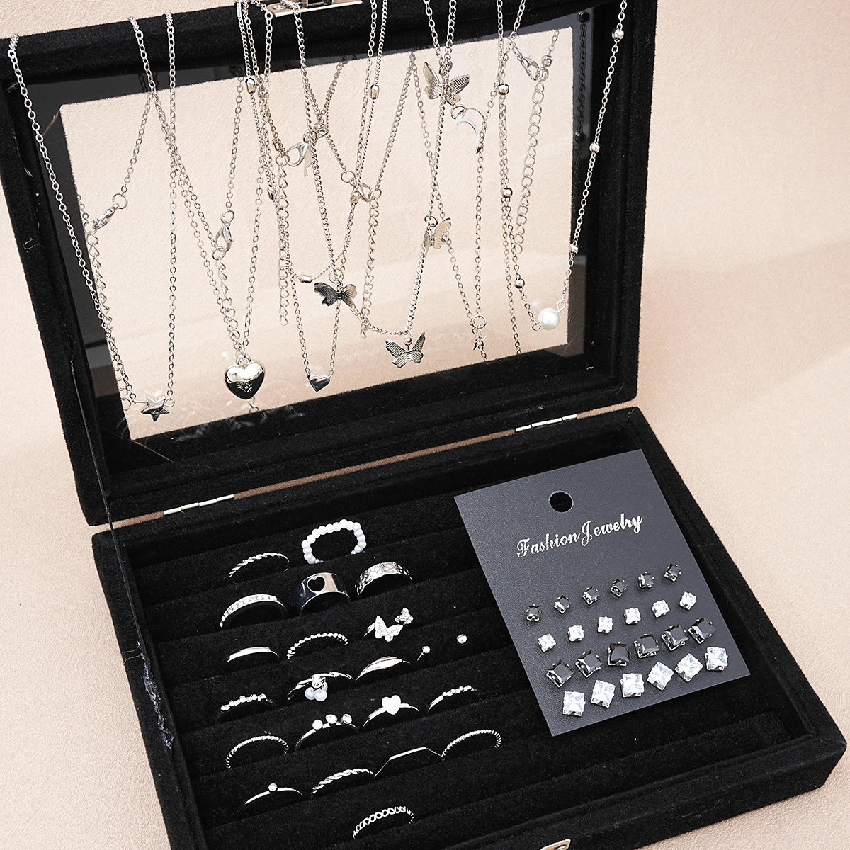 51-Piece Silver Jewelry Set – Butterfly Heart Pearl Necklace, Earrings & Rings for Women