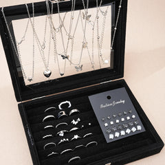 51-Piece Silver Jewelry Set – Butterfly Heart Pearl Necklace, Earrings & Rings for Women