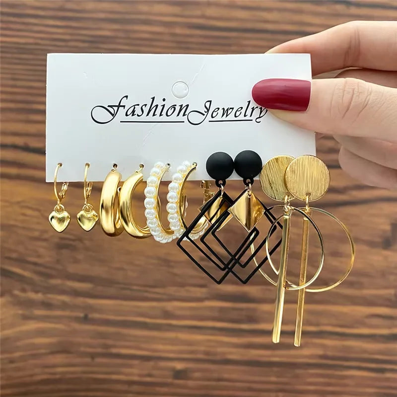 Vintage Geometric Hoop Earrings Set – Pearl Gold Boho Jewelry for Women