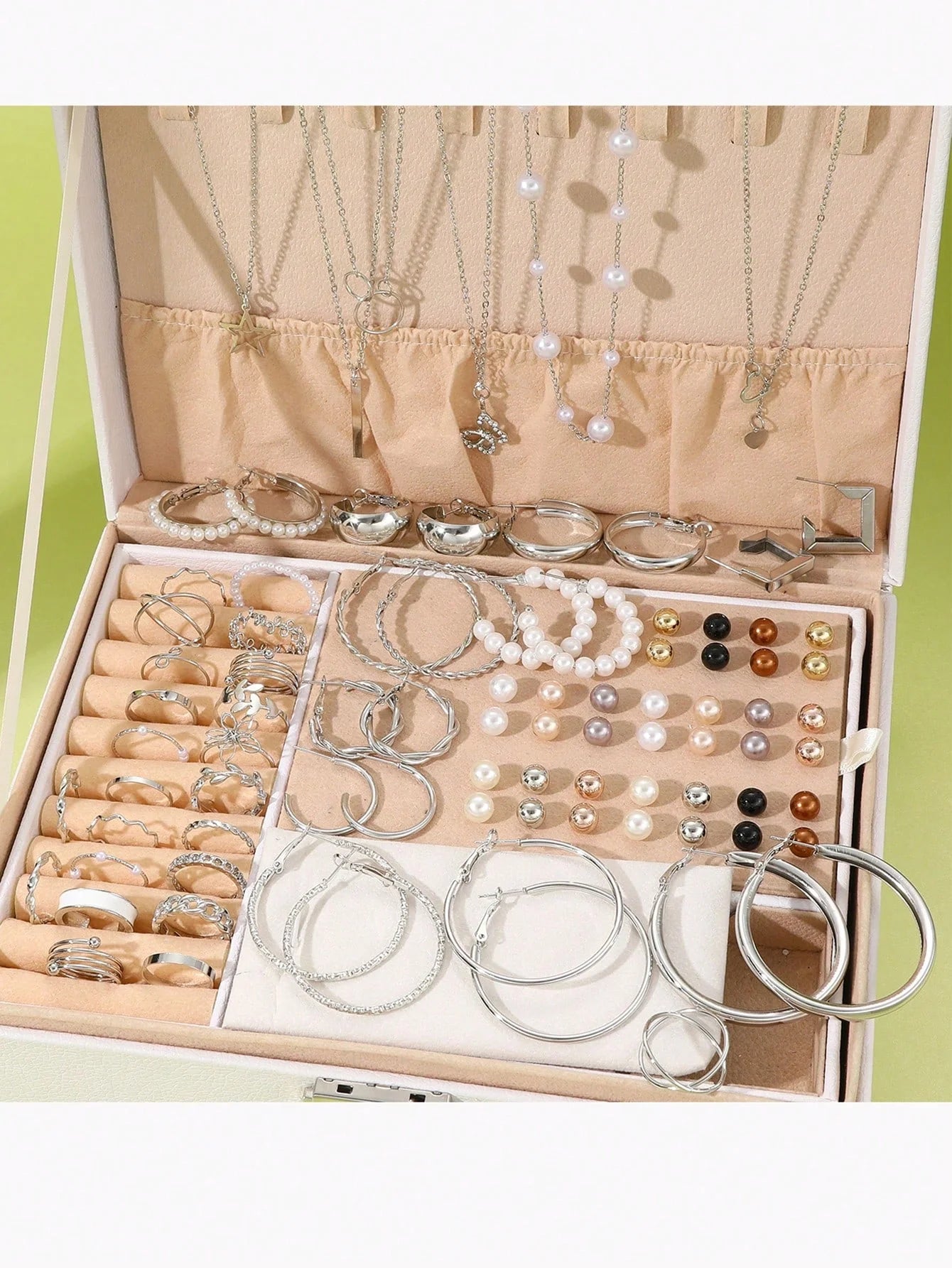 Luxury Pearl 4-in-1 Jewelry Set – Multi-Layer Necklace, Earrings & Rings for Women (No Box)
