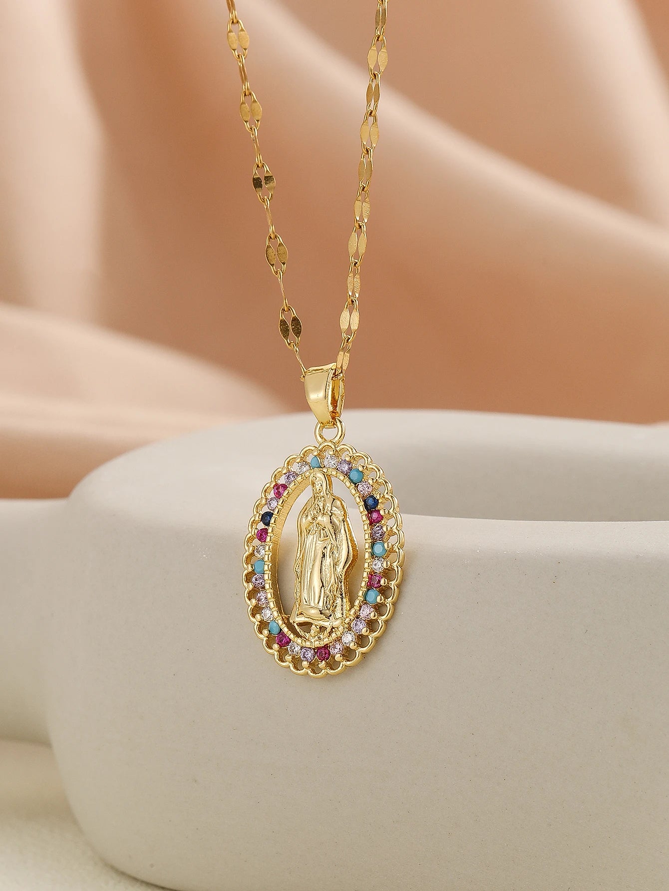 Luxury Zircon Santa Maria Necklace – Colorful Religious Pendant Jewelry