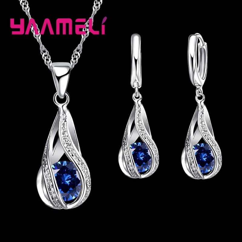 925 Silver Teardrop CZ Jewelry Set – Elegant Necklace & Hoop Earrings for Women