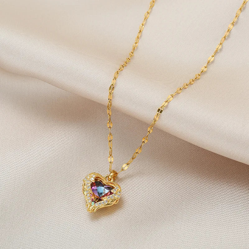 Ocean Heart Crystal Necklace for Women – Colorful Pendant, 316L Stainless Steel