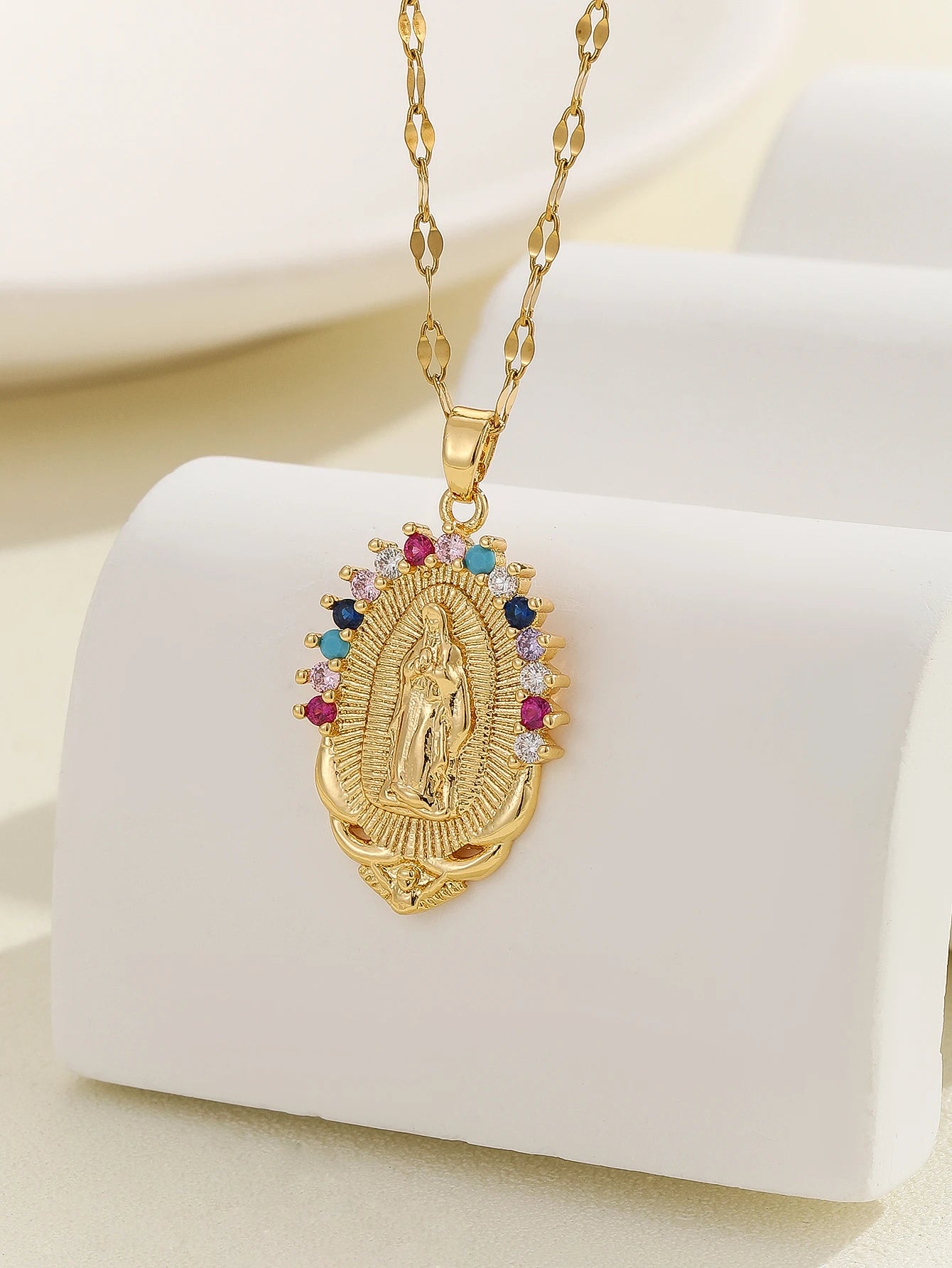Luxury Zircon Santa Maria Necklace – Colorful Religious Pendant Jewelry