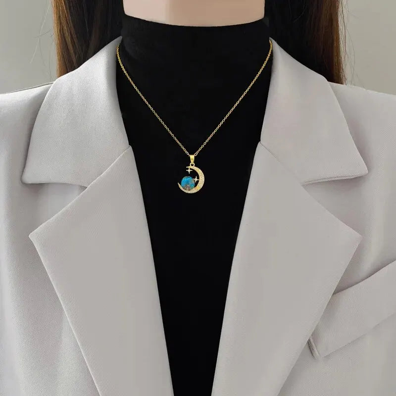 Light Luxury Star Series Necklace for Women – Gold Planet Moon Astronaut Pendant, Titanium Steel Jewelry Gift