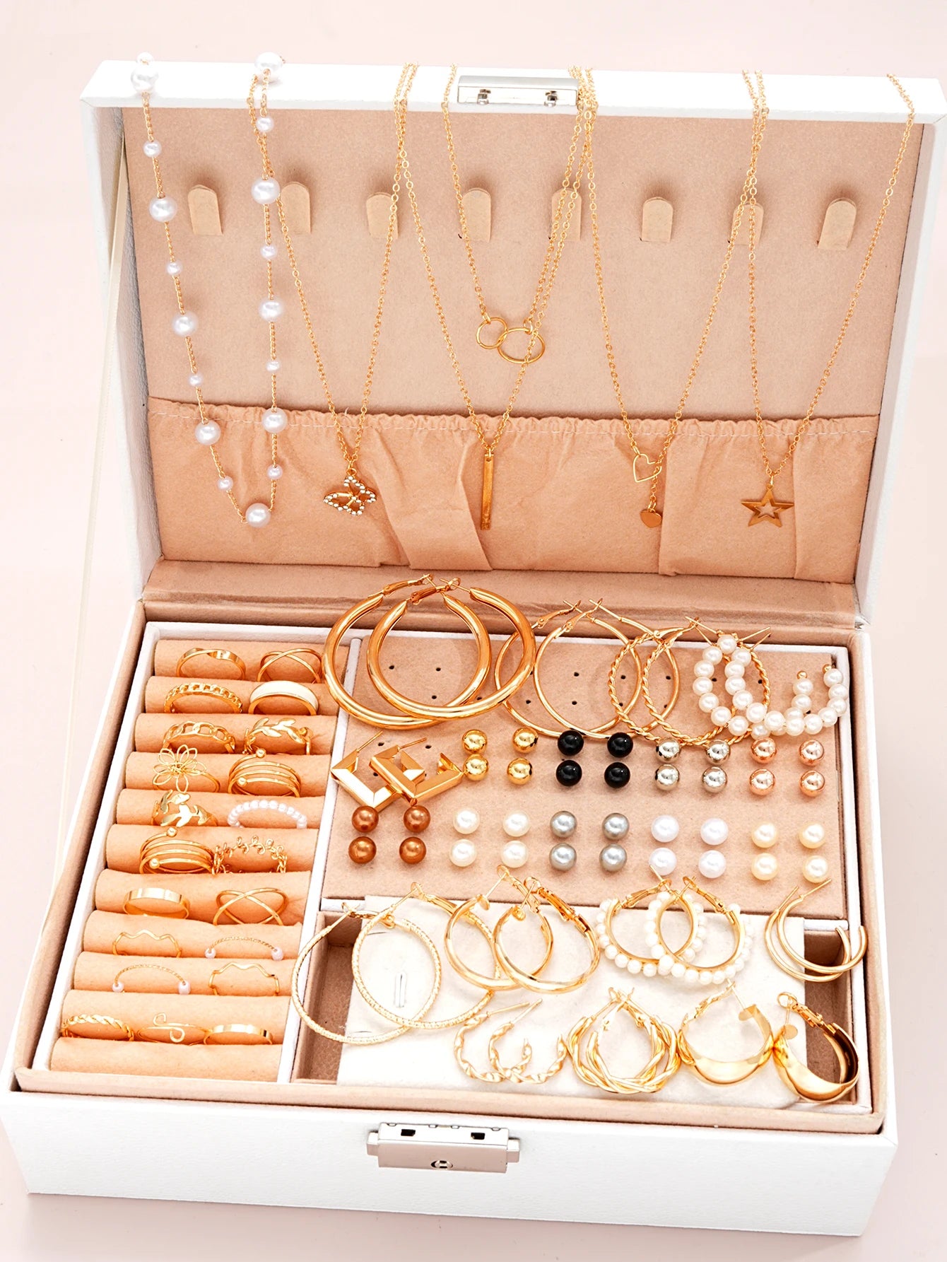 Luxury Pearl 4-in-1 Jewelry Set – Multi-Layer Necklace, Earrings & Rings for Women (No Box)