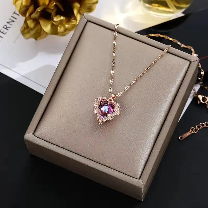 Ocean Heart Crystal Necklace for Women – Colorful Pendant, 316L Stainless Steel