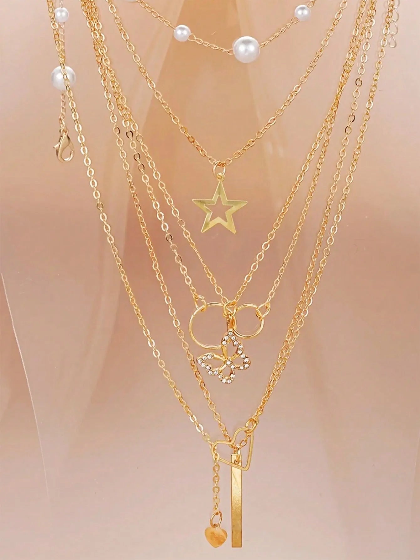 Luxury Pearl 4-in-1 Jewelry Set – Multi-Layer Necklace, Earrings & Rings for Women (No Box)