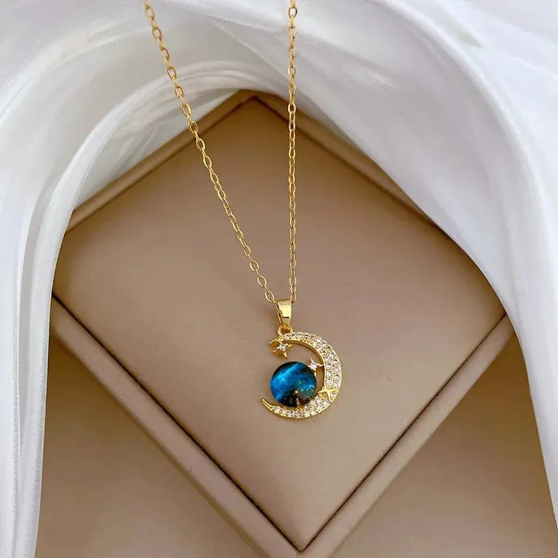Light Luxury Star Series Necklace for Women – Gold Planet Moon Astronaut Pendant, Titanium Steel Jewelry Gift