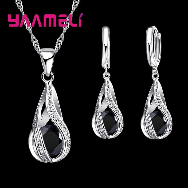925 Silver Teardrop CZ Jewelry Set – Elegant Necklace & Hoop Earrings for Women