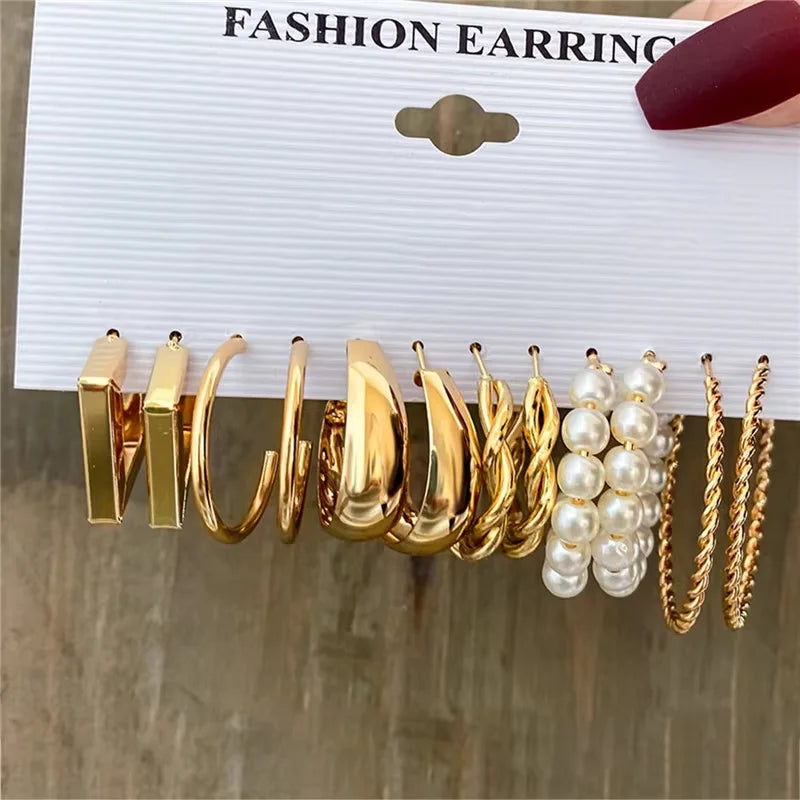 Vintage Geometric Hoop Earrings Set – Pearl Gold Boho Jewelry for Women