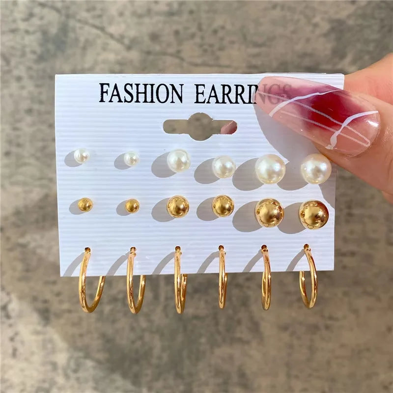 Vintage Geometric Hoop Earrings Set – Pearl Gold Boho Jewelry for Women