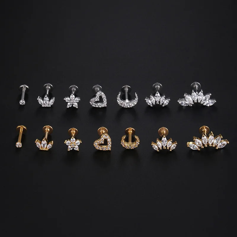 1.2mm Stainless Steel Zircon Heart Flower Piercing Stud – Cartilage & Tragus Jewelry
